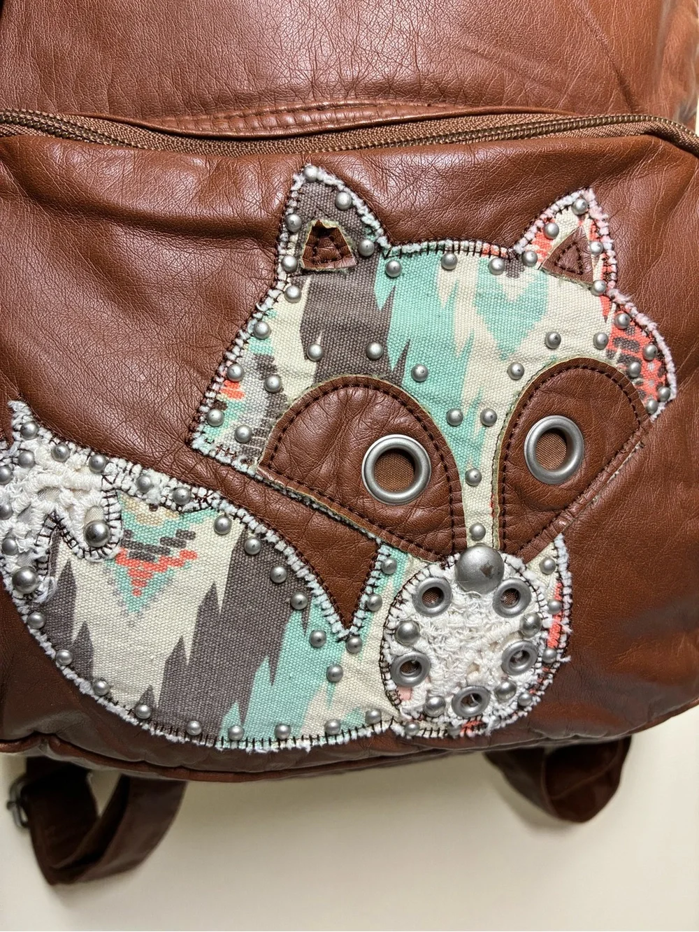 Vintage Y2K Mudd Brown Vegan Leather Fox Patch Backpack Bag Book Bag